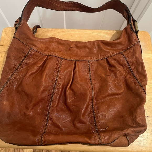 VTG Fossil Hobo Bag Brown Leather Brass Hardware Zip Closure - Picture 3 of 10